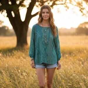Tiny Green Embroidered Mixed Media Long Sleeve  Top Medium